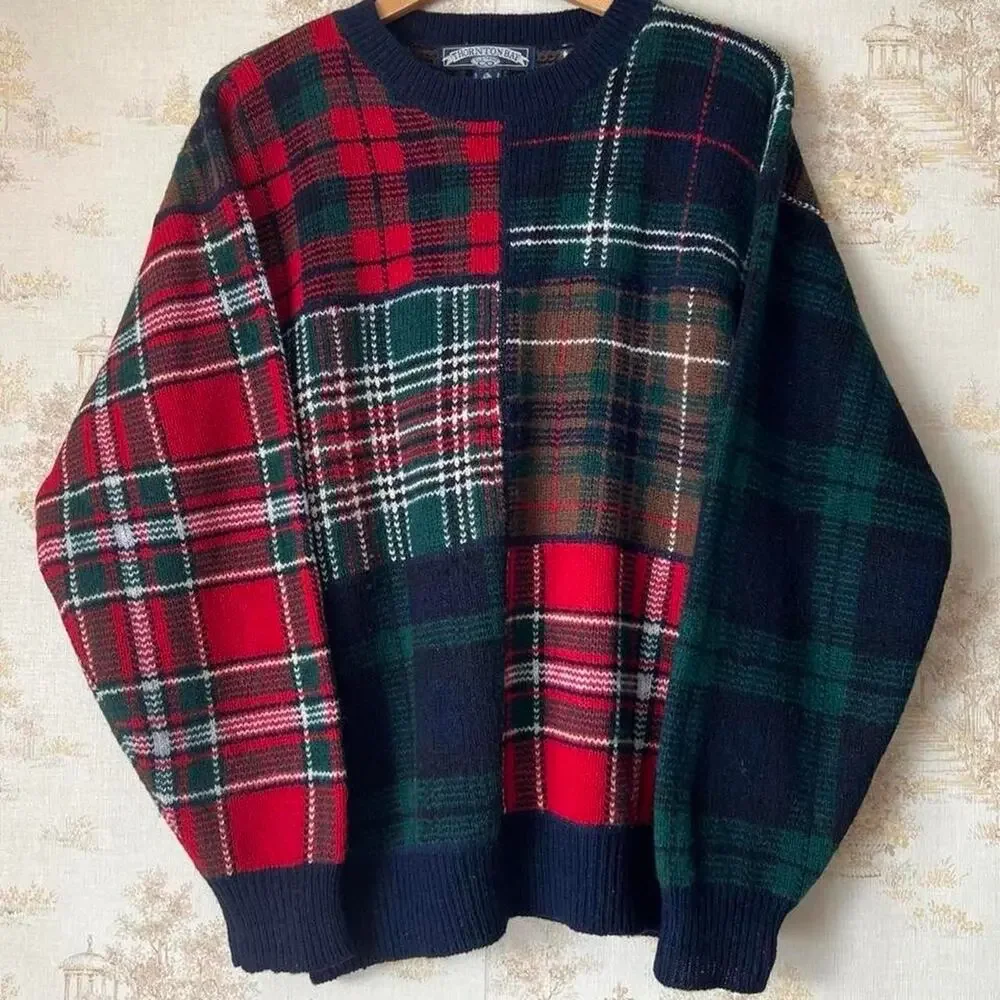 90s Thornton Bay Wool Patchwork Sweater | Intarsia Tartan Knit | Ivy | Large